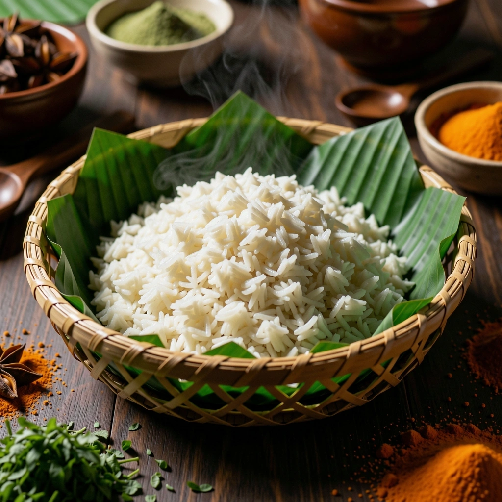Nasi putih dalam bakul bambu